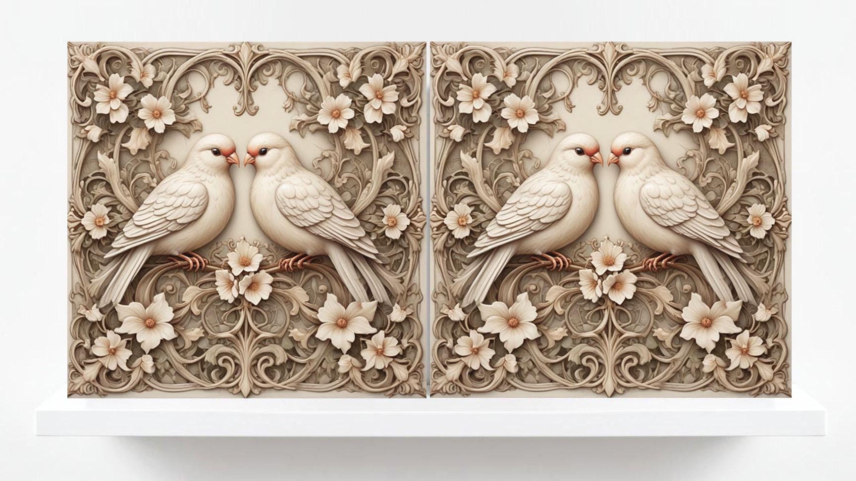 Bird and Flowers Ceramic Tiles-Set of 2 Bird Tile Backsplash Wall Decor Bird Tile Bathroom Bird and Floral Art Print Shower Walls Tile Cream