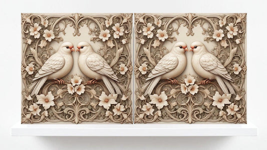 Bird and Flowers Ceramic Tiles-Set of 2 Bird Tile Backsplash Wall Decor Bird Tile Bathroom Bird and Floral Art Print Shower Walls Tile Cream