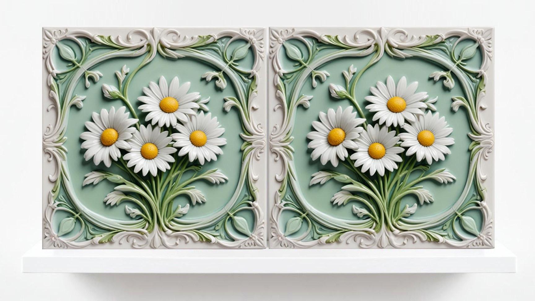 Daisy Tile Backsplash - Set of 2 Flowers Daisies Wall Decor Tiles, Kitchen Backsplash Tiles ,Bathroom Shower Fireplace Tiles,Flat Print