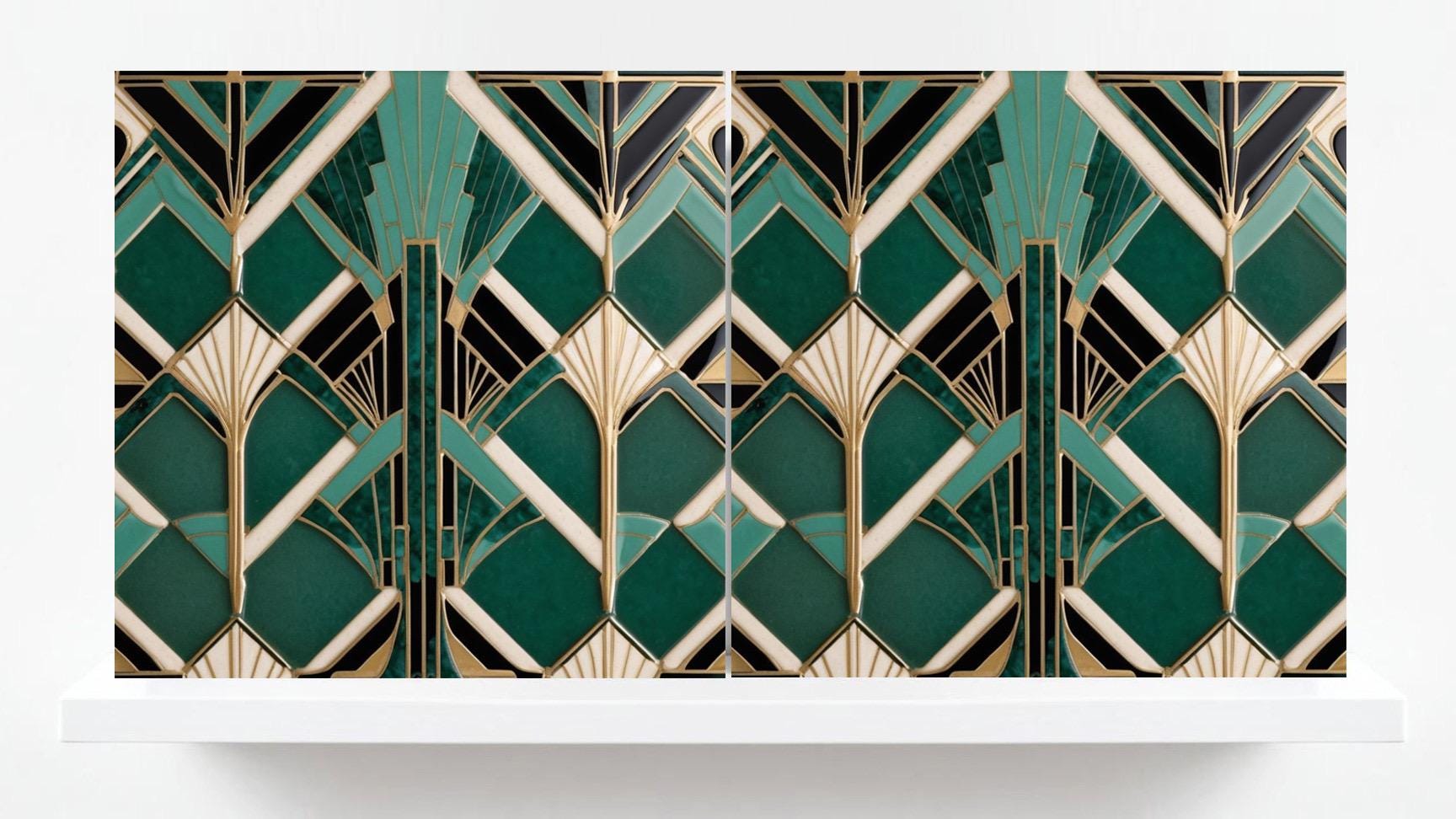 Art Deco Ceramic Tiles Green- Set of 2 Art Deco Wall Decor Geometric Tiles - Kitchen Backsplash Tiles,Table Decorative Tiles, Bathroom Tiles