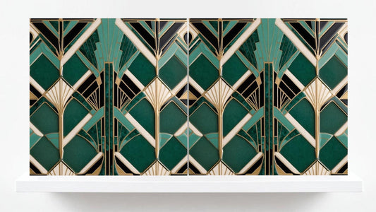 Art Deco Ceramic Tiles Green- Set of 2 Art Deco Wall Decor Geometric Tiles - Kitchen Backsplash Tiles,Table Decorative Tiles, Bathroom Tiles