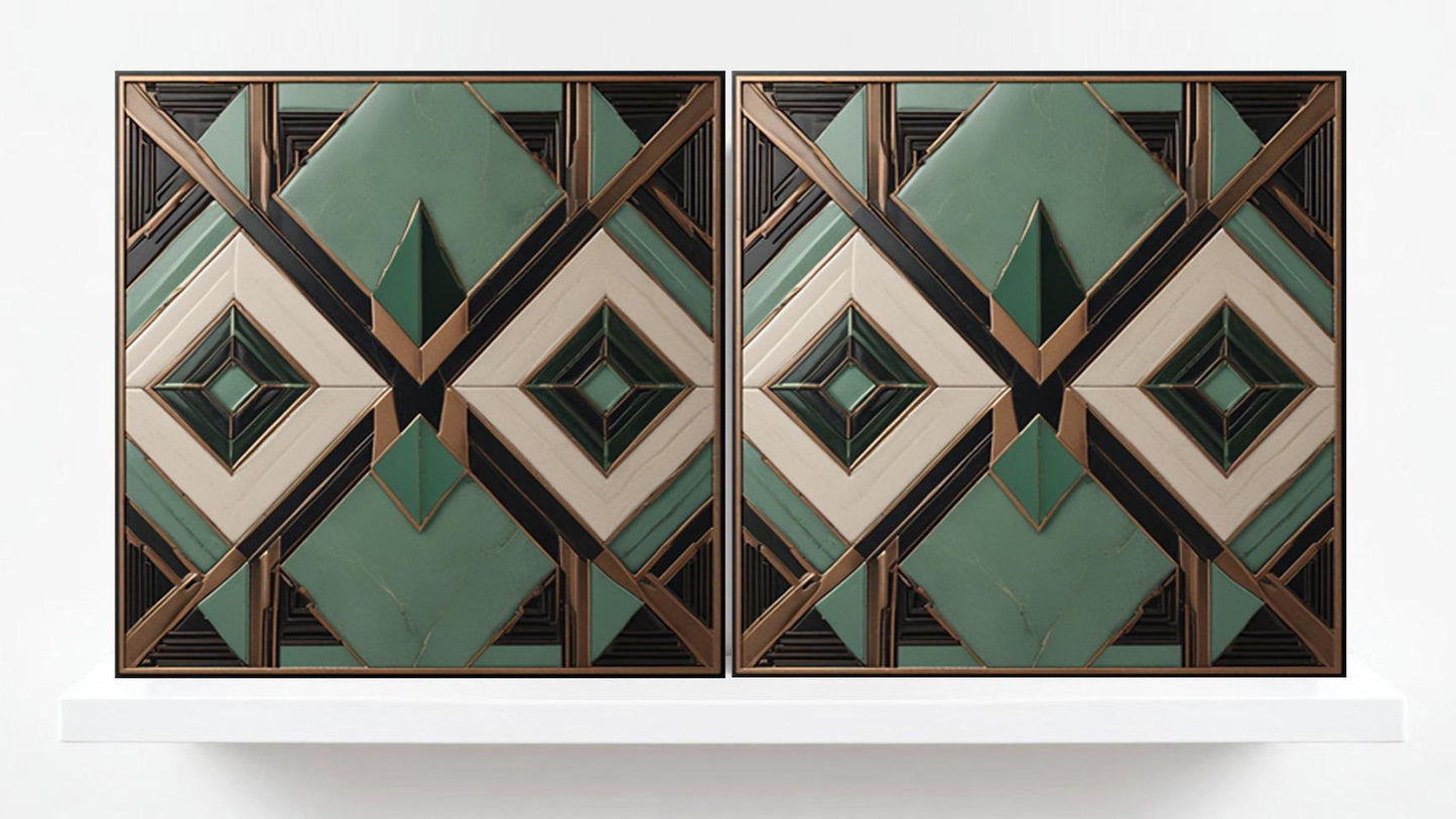 Art Deco Ceramic Tiles Green- Set of 2 Art Deco Wall Decor Geometric Tiles - Kitchen Backsplash Tiles,Table Decorative Tiles, Bathroom Tiles
