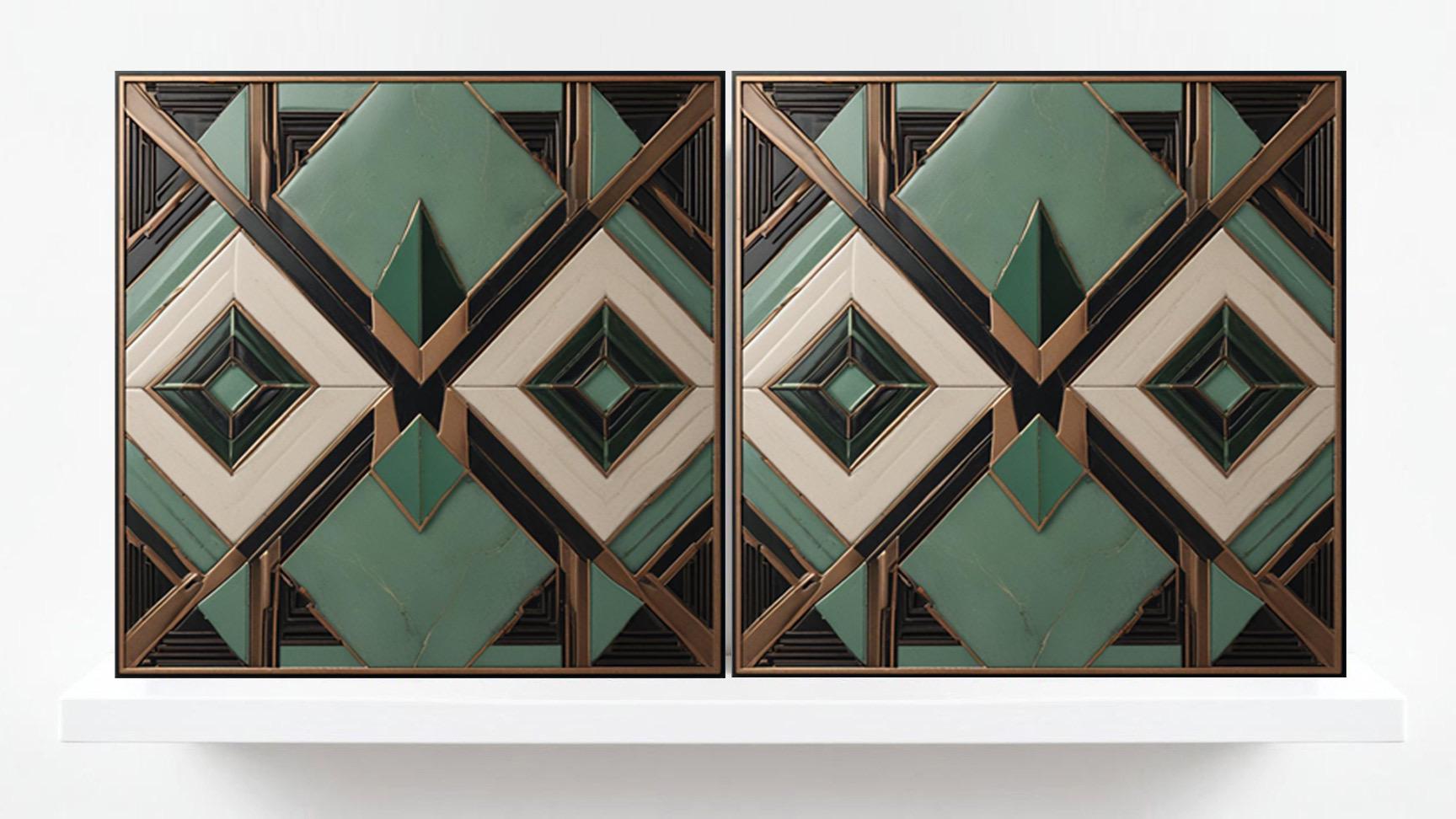 Art Deco Ceramic Tiles Green- Set of 2 Art Deco Wall Decor Geometric Tiles - Kitchen Backsplash Tiles,Table Decorative Tiles, Bathroom Tiles