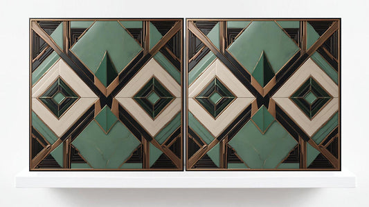 Art Deco Ceramic Tiles Green- Set of 2 Art Deco Wall Decor Geometric Tiles - Kitchen Backsplash Tiles,Table Decorative Tiles, Bathroom Tiles
