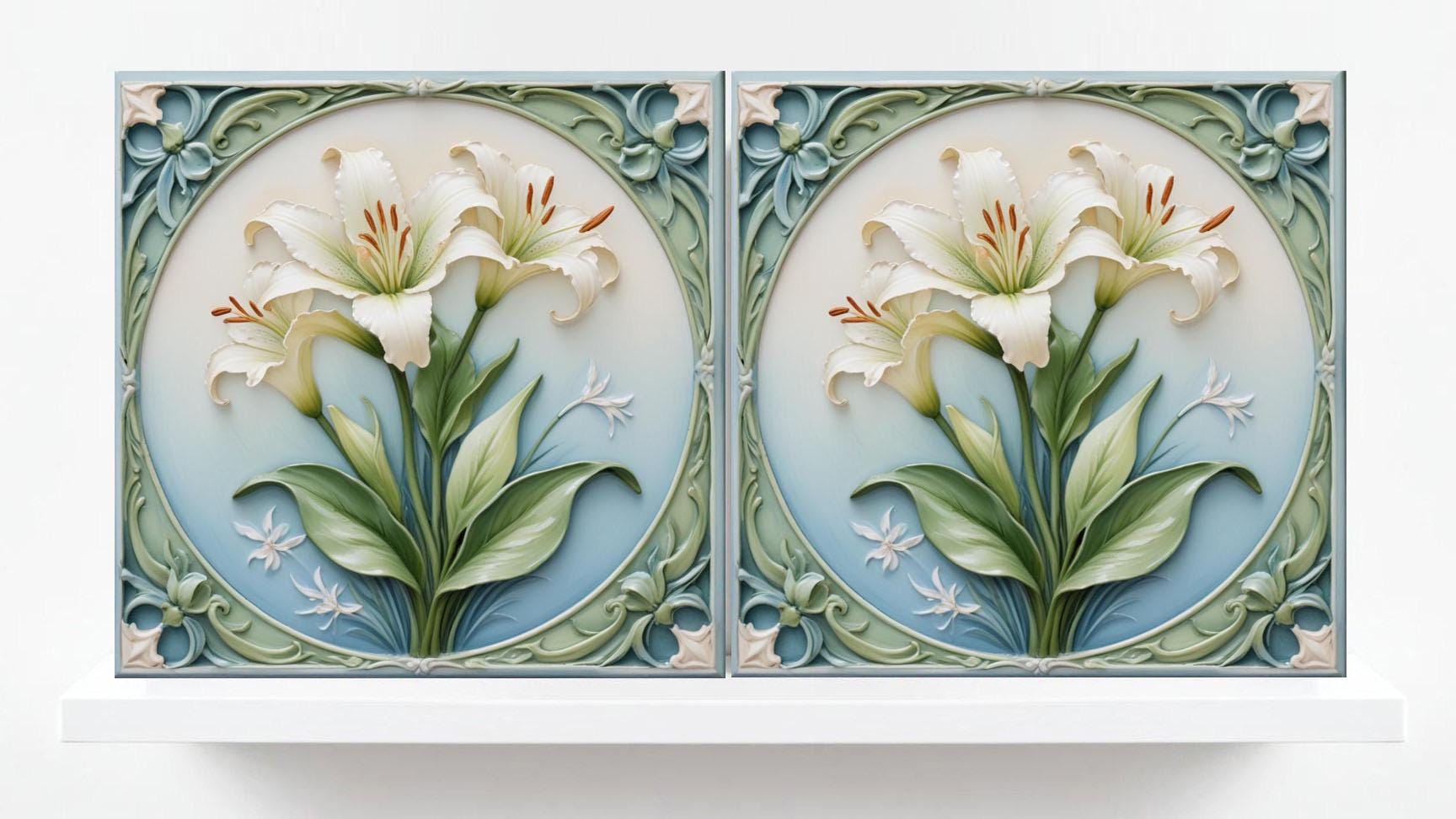 Art Nouveau Flower Ceramic Tiles - Set of 2 Art Nouveau Wall Decor Tiles - Kitchen Backsplash Tiles, Table Decorative Tiles, Bathroom Tiles