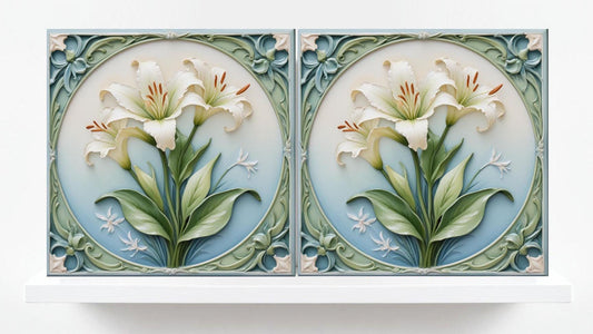 Art Nouveau Flower Ceramic Tiles - Set of 2 Art Nouveau Wall Decor Tiles - Kitchen Backsplash Tiles, Table Decorative Tiles, Bathroom Tiles