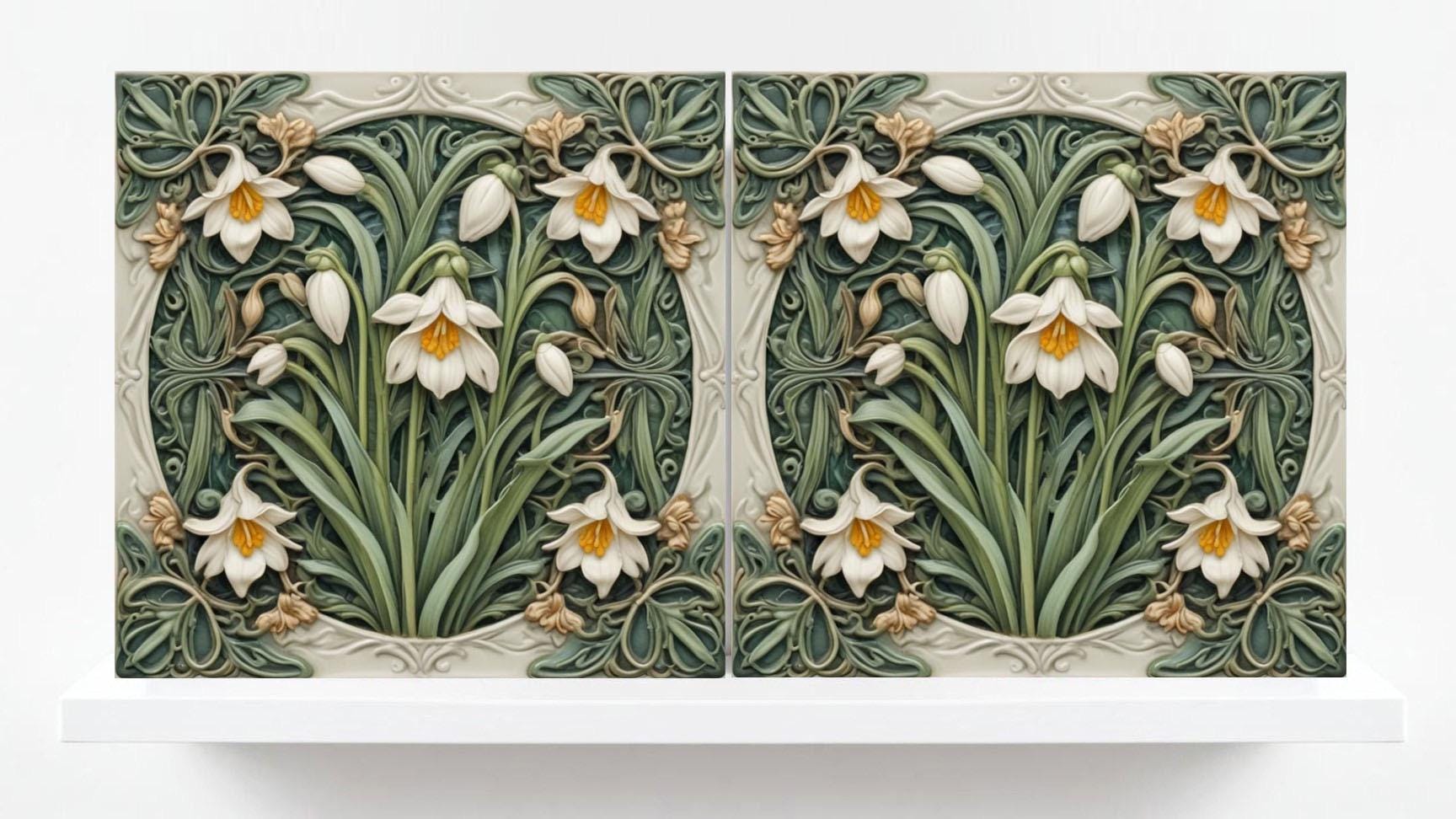 Snowdrop Tile Botanical Print Flower Ceramic Tiles -Set of 2 Green Art Nouveau Wall Decor-Kitchen Backsplash Tiles,Bathroom,Shower Wall,Sink