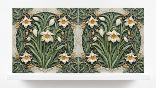 Snowdrop Tile Botanical Print Flower Ceramic Tiles -Set of 2 Green Art Nouveau Wall Decor-Kitchen Backsplash Tiles,Bathroom,Shower Wall,Sink