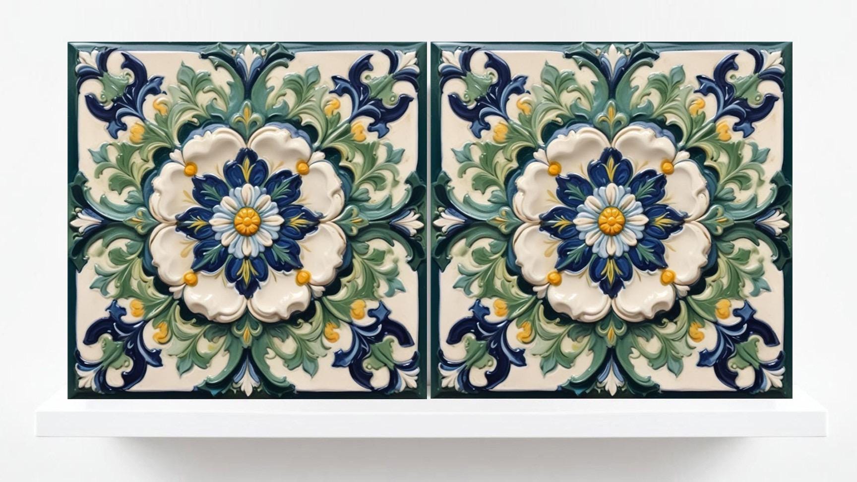 Italian Majolica Tiles Flower -Set of 2 Sicilian Wall Decor Tiles-Kitchen Backsplash Tiles, Sink Splashback,Bathroom,Shower Wall Art,Coaster