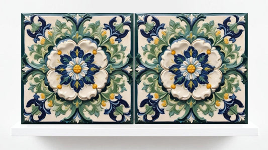 Italian Majolica Tiles Flower -Set of 2 Sicilian Wall Decor Tiles-Kitchen Backsplash Tiles, Sink Splashback,Bathroom,Shower Wall Art,Coaster