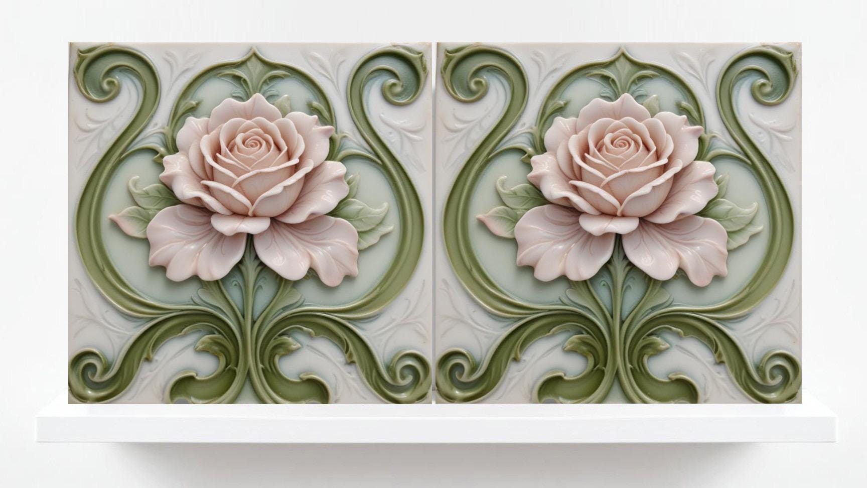 Art Nouveau Tile Rose Flower Ceramic Tiles - Set of 2 Art Nouveau Wall Decor Tiles -Kitchen Backsplash Tiles,Bathroom Tiles, Shower Wall Art