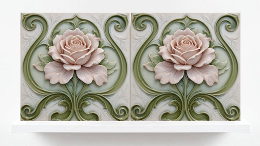 Art Nouveau Tile Rose Flower Ceramic Tiles - Set of 2 Art Nouveau Wall Decor Tiles -Kitchen Backsplash Tiles,Bathroom Tiles, Shower Wall Art