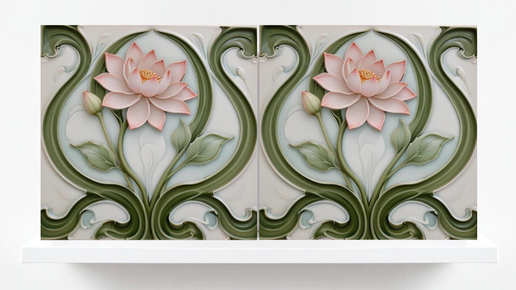 Lotus Tile Art Nouveau Flower Ceramic Tiles - Set of 2 Art Nouveau Wall Decor Tiles - Kitchen Backsplash Tiles, Shower Tiles, Bathroom Tiles