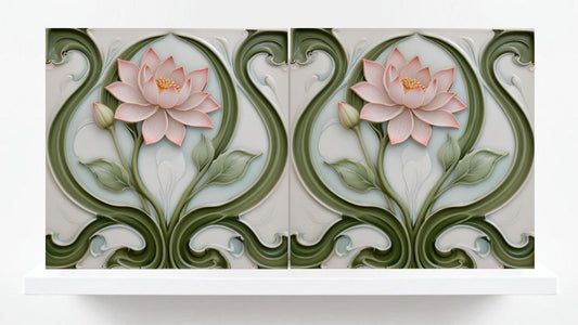 Lotus Tile Art Nouveau Flower Ceramic Tiles - Set of 2 Art Nouveau Wall Decor Tiles - Kitchen Backsplash Tiles, Shower Tiles, Bathroom Tiles