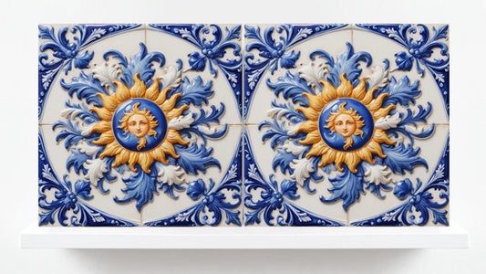 Sun Tile - Italian Majolica Sun Tiles Set of 2 Wall Decor Tiles -Kitchen Backsplash Tiles, Sink Splashback,Bathroom, Shower Wall Art,Coaster