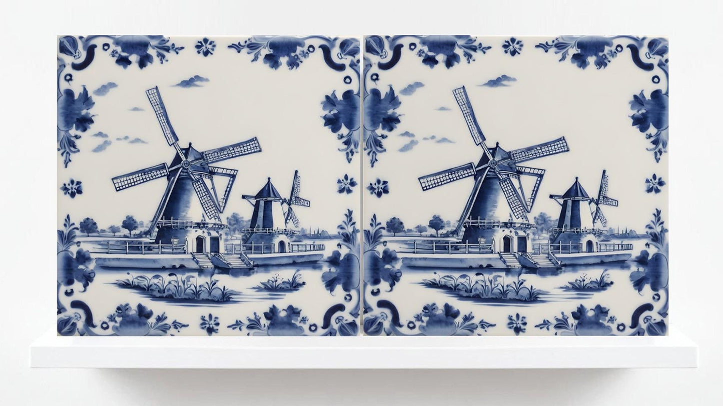 Delft Windmill Blue Ceramic Tile - Set of 2 Delftware Tiles-Delft Blue Ceramic Windmills - Delft Prints- Kitchen Backsplash,Sink,Bathroom