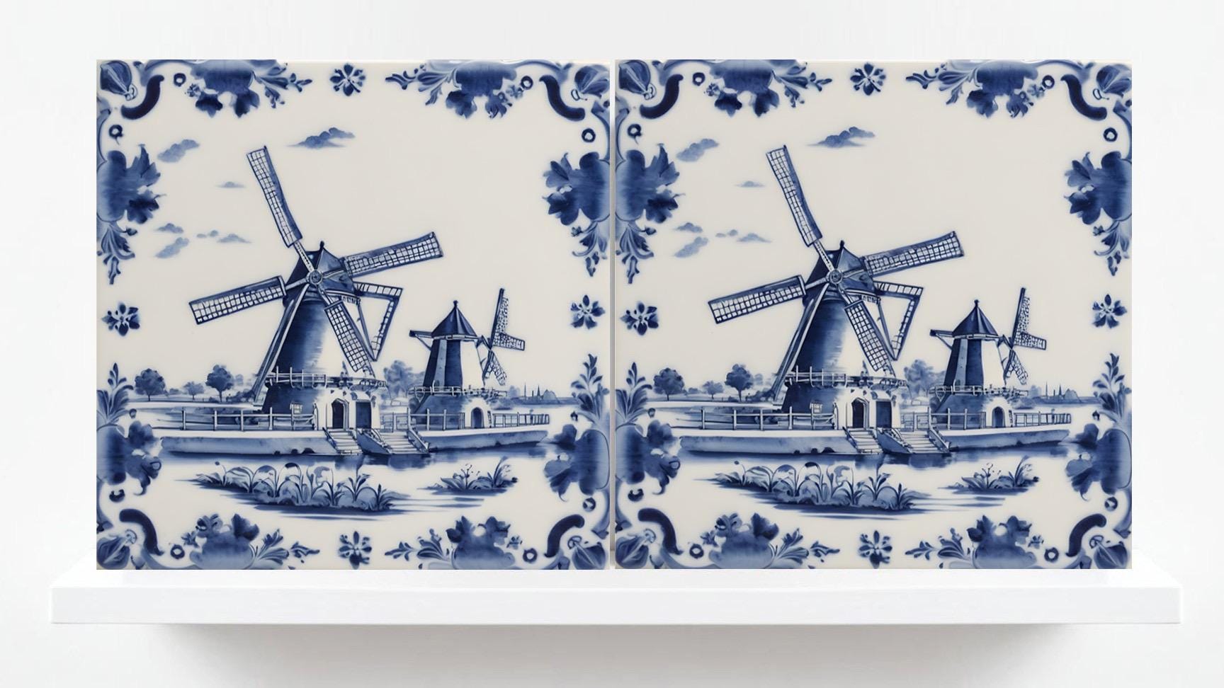 Delft Windmill Blue Ceramic Tile - Set of 2 Delftware Tiles-Delft Blue Ceramic Windmills - Delft Prints- Kitchen Backsplash,Sink,Bathroom