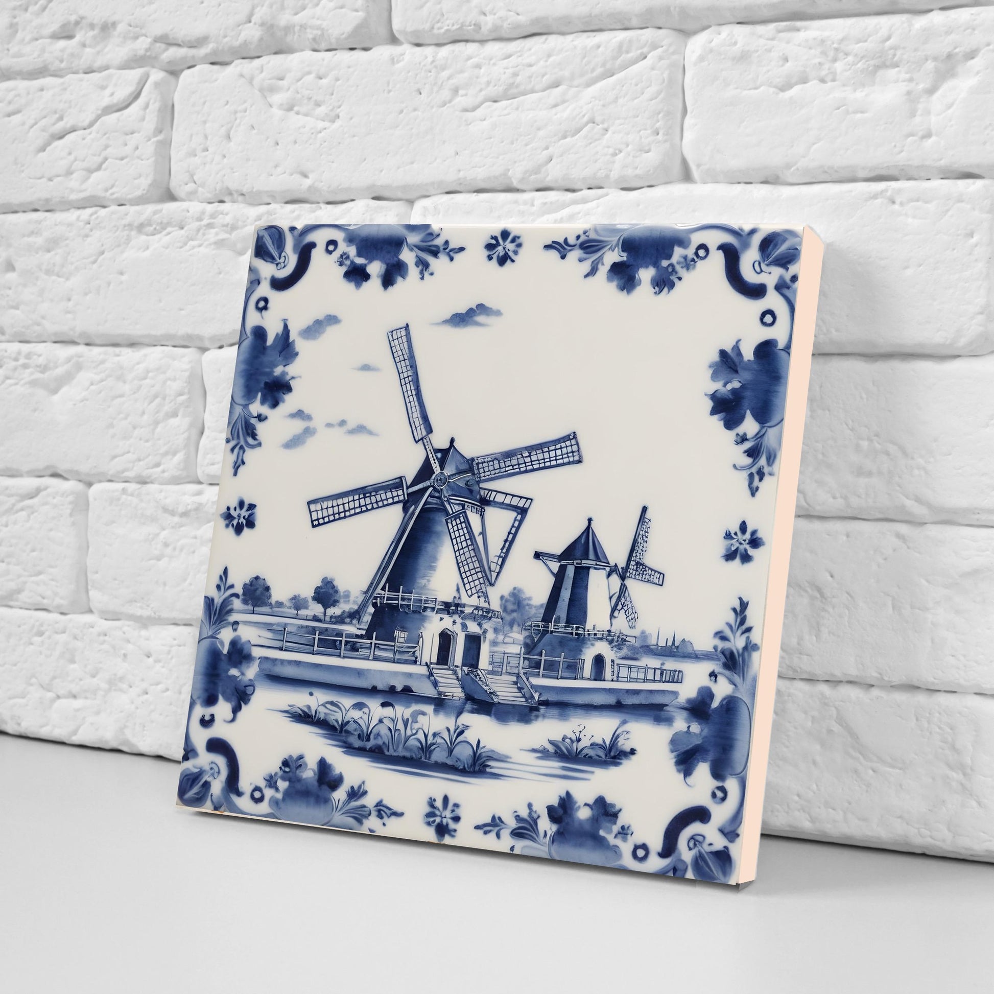 Delft Windmill Blue Ceramic Tile - Set of 2 Delftware Tiles-Delft Blue Ceramic Windmills - Delft Prints- Kitchen Backsplash,Sink,Bathroom
