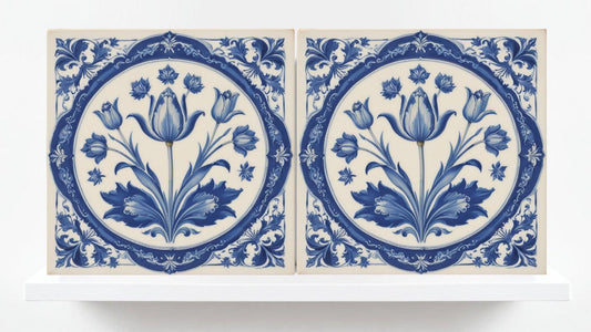 Delft Tulip Tile - Delft Blue Tile - Set of 2 Ceramic Delftware Tiles- Flower Tiles - Delft Prints Wall - Kitchen Backsplash, Sink,Bathroom