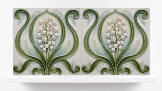 Lily of the Valley Tile - Art Nouveau Flower Ceramic Tiles - Set of 2 Art Nouveau Wall Decor Tiles - Kitchen Backsplash, Bathroom Sink Tiles