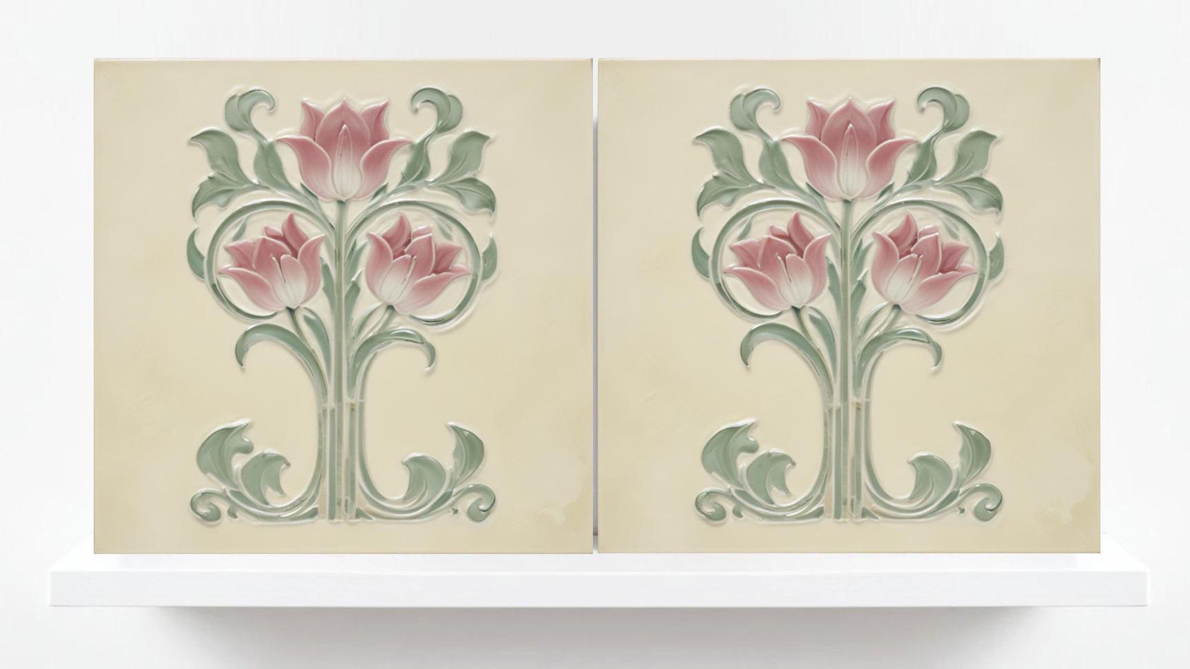Tulip Tile Print Art Nouveau Flower Ceramic Tiles - Set of 2 Art Nouveau Wall Decor Tiles - Kitchen Backsplash Tiles, Bathroom Sink Tiles