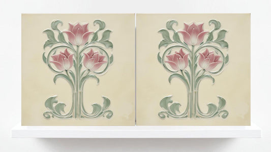 Tulip Tile Print Art Nouveau Flower Ceramic Tiles - Set of 2 Art Nouveau Wall Decor Tiles - Kitchen Backsplash Tiles, Bathroom Sink Tiles
