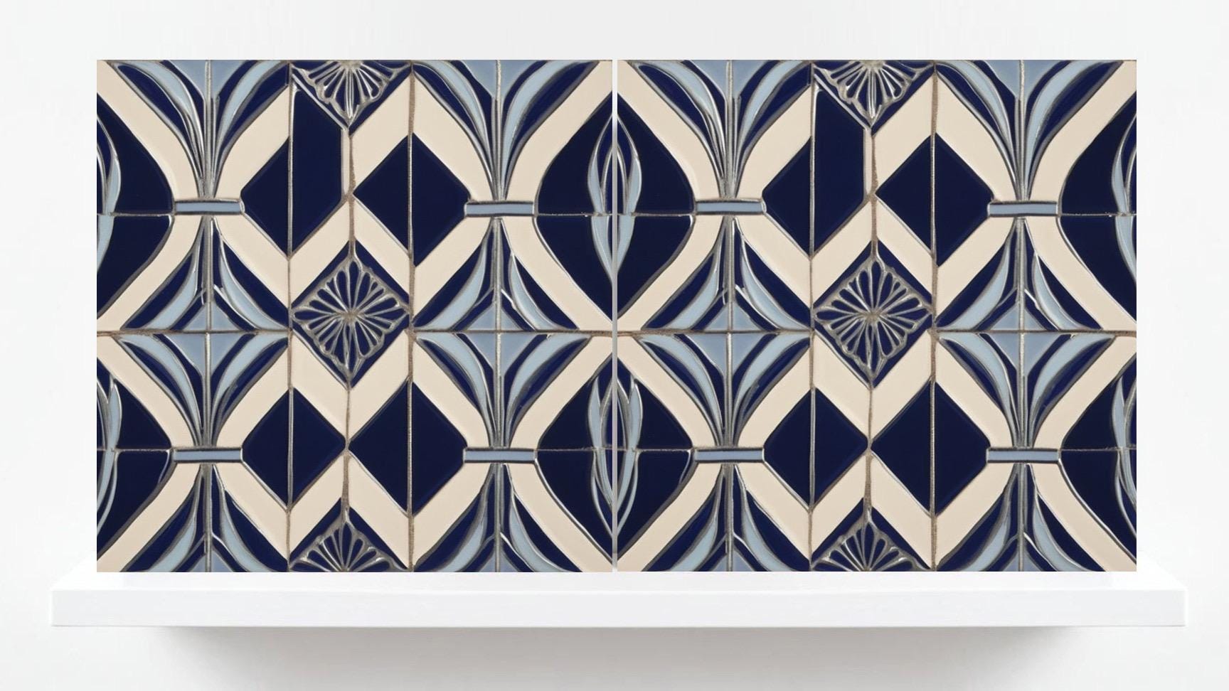 Art Deco Ceramic Tiles Blue- Set of 2 Art Deco Wall Decor Geometric Tiles-Kitchen Backsplash Tiles, Sink Splashback Bathroom Fireplace Tile