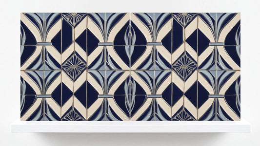 Art Deco Ceramic Tiles Blue- Set of 2 Art Deco Wall Decor Geometric Tiles-Kitchen Backsplash Tiles, Sink Splashback Bathroom Fireplace Tile