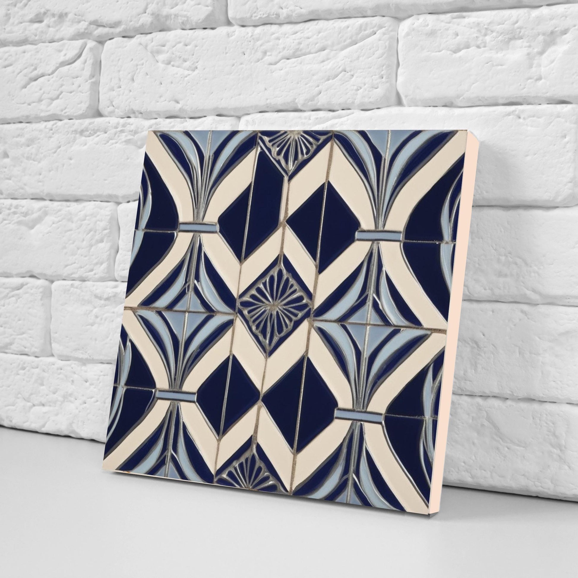 Art Deco Ceramic Tiles Blue- Set of 2 Art Deco Wall Decor Geometric Tiles-Kitchen Backsplash Tiles, Sink Splashback Bathroom Fireplace Tile