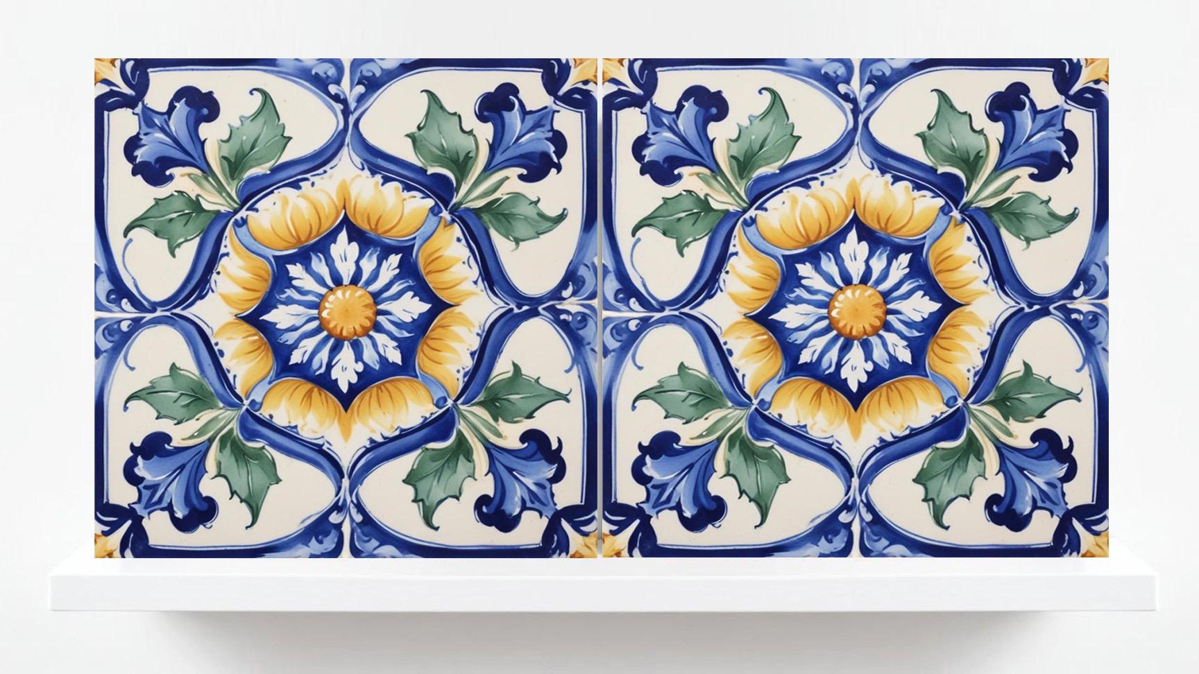 Italian Majolica Tiles Flower -Set of 2 Sicilian Wall Decor Tiles-Kitchen Backsplash Tiles, Sink Splashback,Bathroom,Shower Wall Art,Coaster