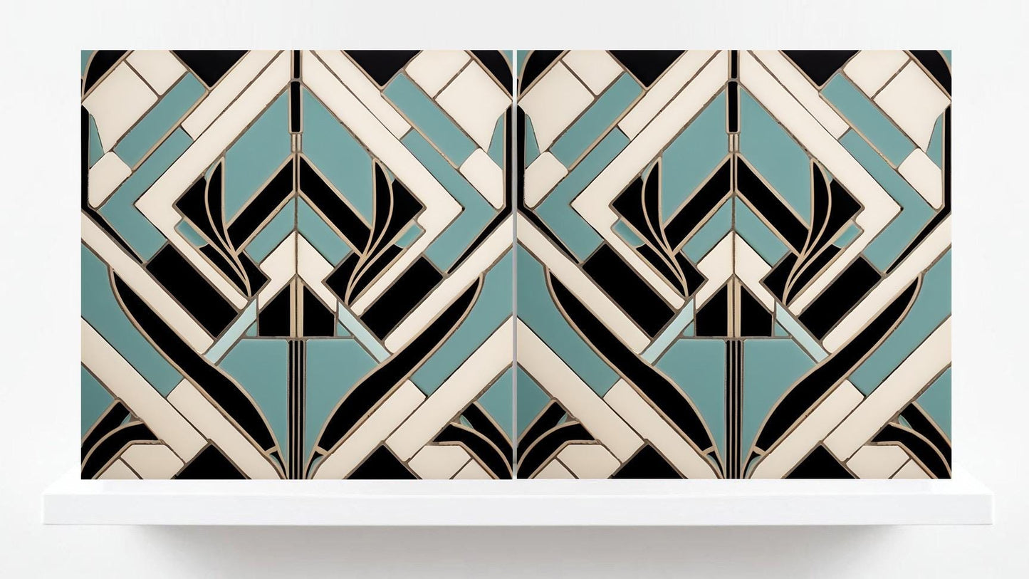 Art Deco Ceramic Tiles Blue - Set of 2 Art Deco Wall Decor Geometric Tiles - Kitchen Backsplash Tiles, Sink Splashback,Bathroom Shower Tiles