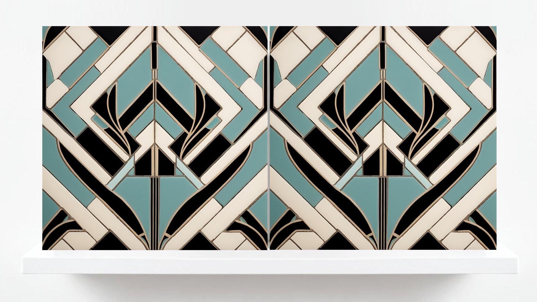 Art Deco Ceramic Tiles Blue - Set of 2 Art Deco Wall Decor Geometric Tiles - Kitchen Backsplash Tiles, Sink Splashback,Bathroom Shower Tiles