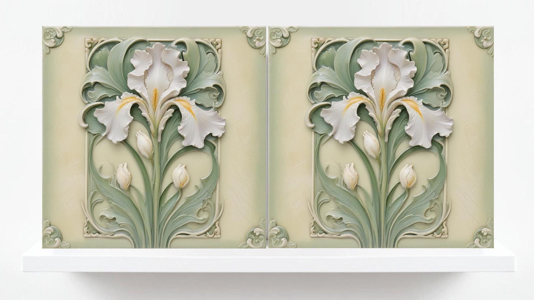 Art Nouveau Flower Ceramic tiles - Set of 2 Art Nouveau Irises Wall Decor Tiles - Iris Print, Kitchen Backsplash Tiles,Bathroom Shower Decor