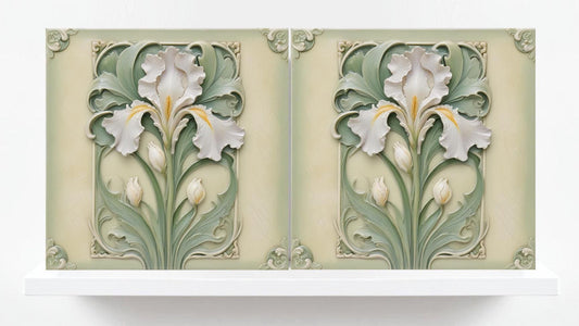 Art Nouveau Flower Ceramic tiles - Set of 2 Art Nouveau Irises Wall Decor Tiles - Iris Print, Kitchen Backsplash Tiles,Bathroom Shower Decor