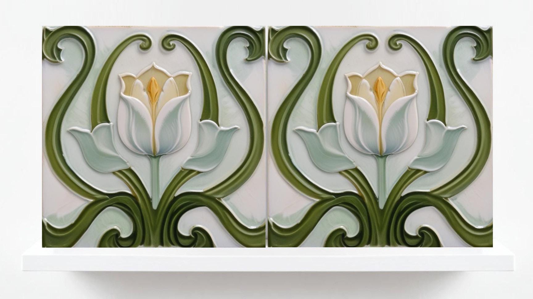 Tulip Tiles-Art Nouveau Flower Ceramic Tiles-Set of 2 Art Nouveau Wall Decor Print - Kitchen Backsplash Tiles,Bathroom Decor,Sink Splashback