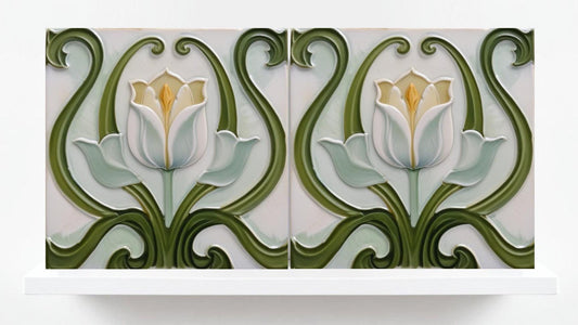 Tulip Tiles-Art Nouveau Flower Ceramic Tiles-Set of 2 Art Nouveau Wall Decor Print - Kitchen Backsplash Tiles,Bathroom Decor,Sink Splashback