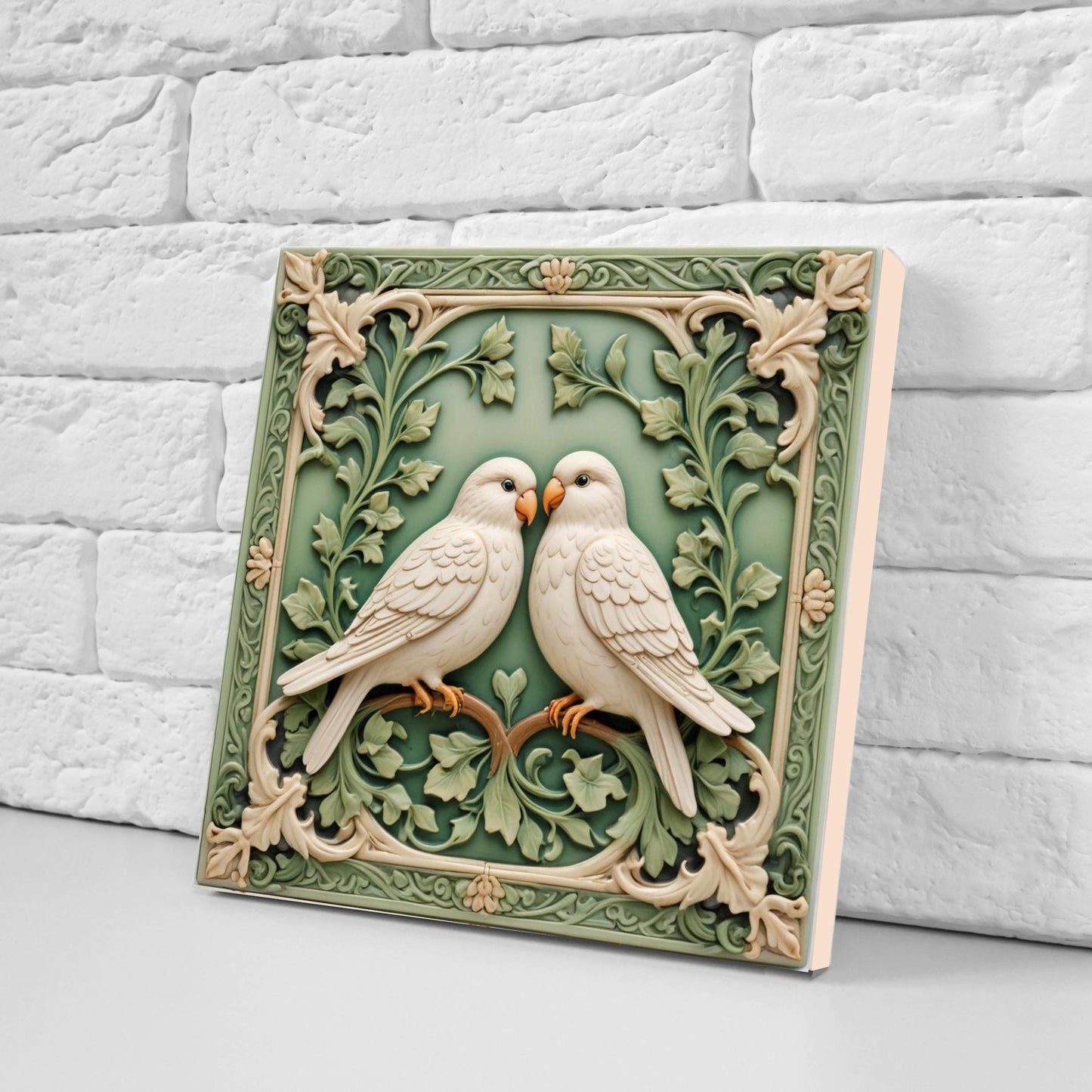 Art Nouveau Green Bird and Flower Ceramic tiles -Set of 2 Botanical Tiles Birds Wall Decor ,Birds Tiles -Kitchen Backsplash Tiles,Bathroom
