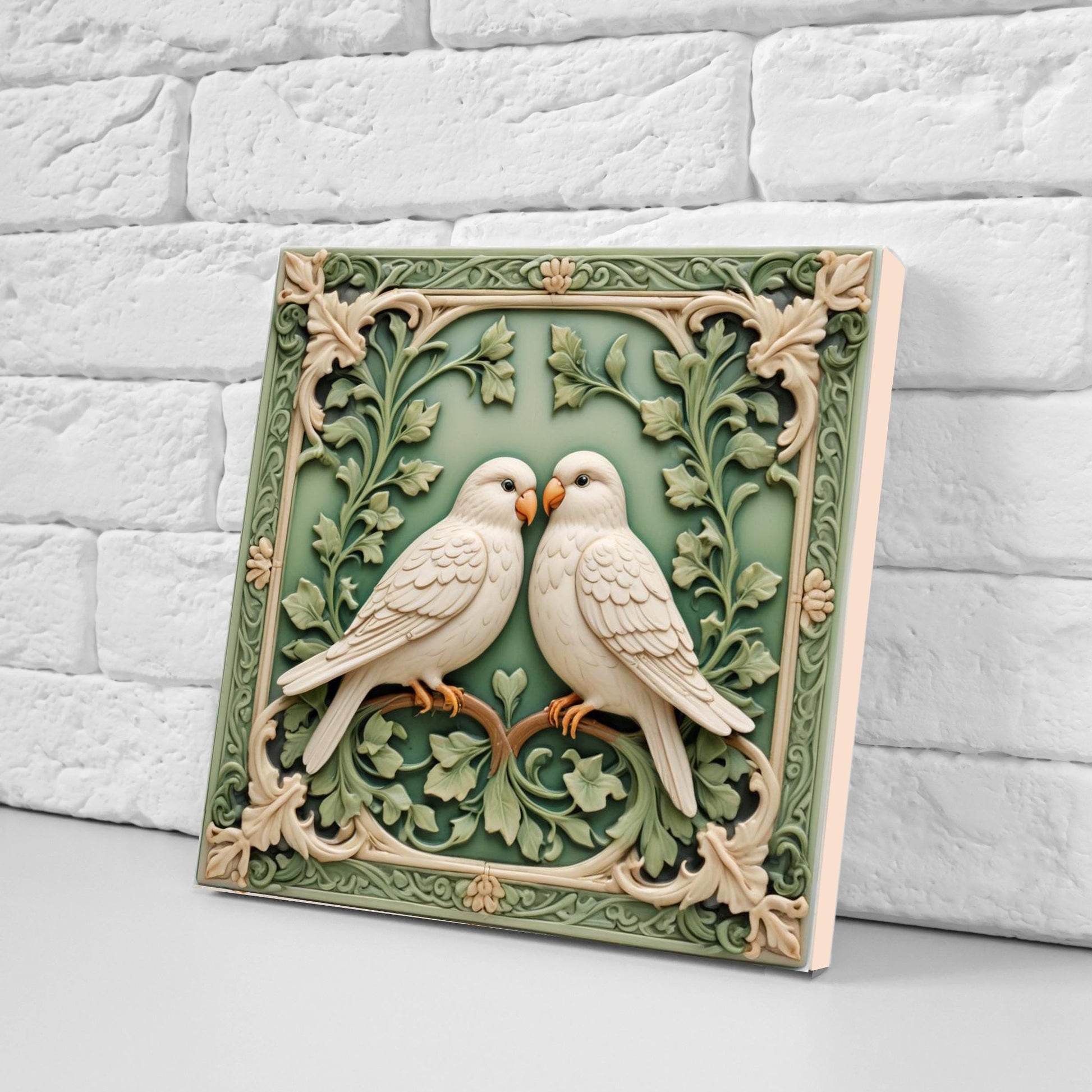 Art Nouveau Green Bird and Flower Ceramic tiles -Set of 2 Botanical Tiles Birds Wall Decor ,Birds Tiles -Kitchen Backsplash Tiles,Bathroom