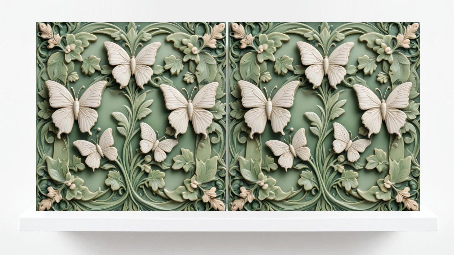 Butterfly Tile - Set of 2 Green Art Nouveau Tiles Wall Decor print -Kitchen Backsplash, Home Decor,Bathroom,Shower,Sink Splashback,Fireplace