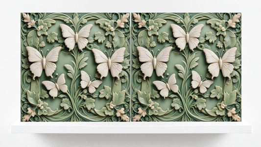 Butterfly Tile - Set of 2 Green Art Nouveau Tiles Wall Decor print -Kitchen Backsplash, Home Decor,Bathroom,Shower,Sink Splashback,Fireplace