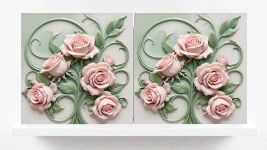 Art Nouveau Tile Rose Flower Ceramic Tiles - Set of 2 Botanical Wall Decor Tiles -Kitchen Backsplash Tiles,Bathroom Tiles, Shower Wall, Sink