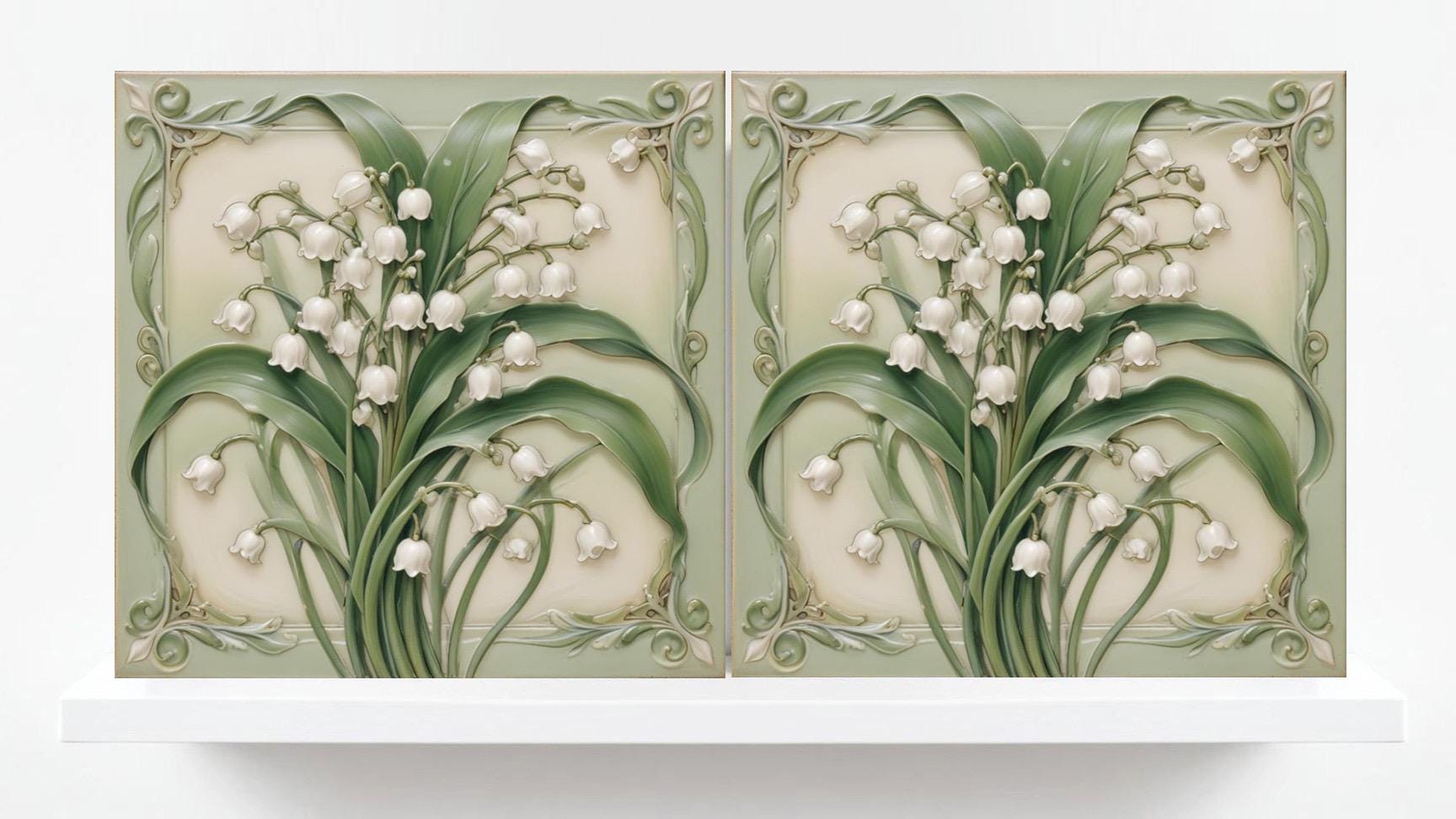 Art Nouveau Flower Ceramic Tiles - Set of 2 Art Nouveau Wall Decor Tiles - Kitchen Backsplash Tiles, Table Decorative Tiles, Bathroom Tiles
