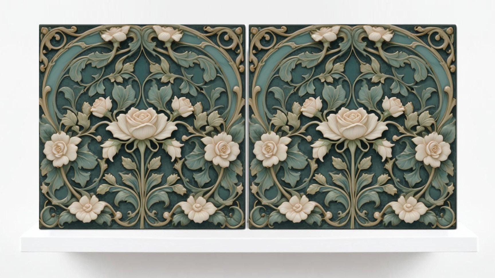 Art Nouveau Tile Rose Flower Ceramic Tiles - Set of 2 Art Nouveau Wall Decor Tiles -Kitchen Backsplash Tiles,Bathroom Tiles, Shower Wall Art