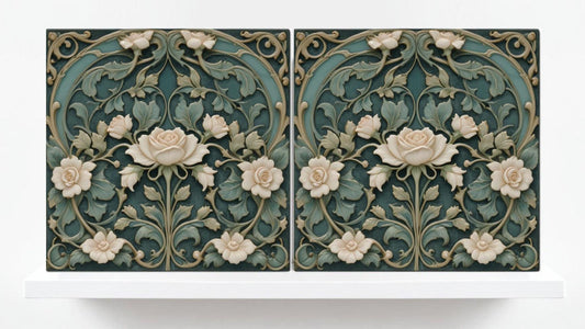 Art Nouveau Tile Rose Flower Ceramic Tiles - Set of 2 Art Nouveau Wall Decor Tiles -Kitchen Backsplash Tiles,Bathroom Tiles, Shower Wall Art