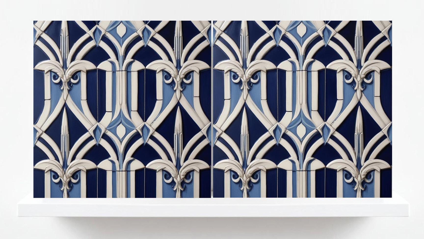 Art Deco Ceramic tiles Blue - Set of 2 Art Deco Wall Decor Geometric Tiles - Kitchen Backsplash , Bathroom, Sink Splashback, Accent Wall Art