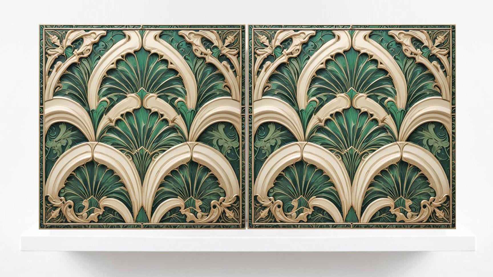 Art Deco Ceramic Tiles Green- Set of 2 Art Deco Wall Decor Geometric Tiles - Kitchen Backsplash Tiles,Table Decorative Tiles, Bathroom Tiles