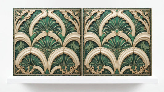 Art Deco Ceramic Tiles Green- Set of 2 Art Deco Wall Decor Geometric Tiles - Kitchen Backsplash Tiles,Table Decorative Tiles, Bathroom Tiles