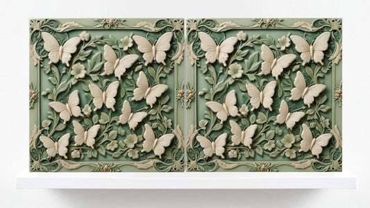 Butterfly Tile - Set of 2 Green Art Nouveau Tiles Wall Decor print -Kitchen Backsplash, Home Decor,Bathroom,Shower,Sink Splashback,Fireplace