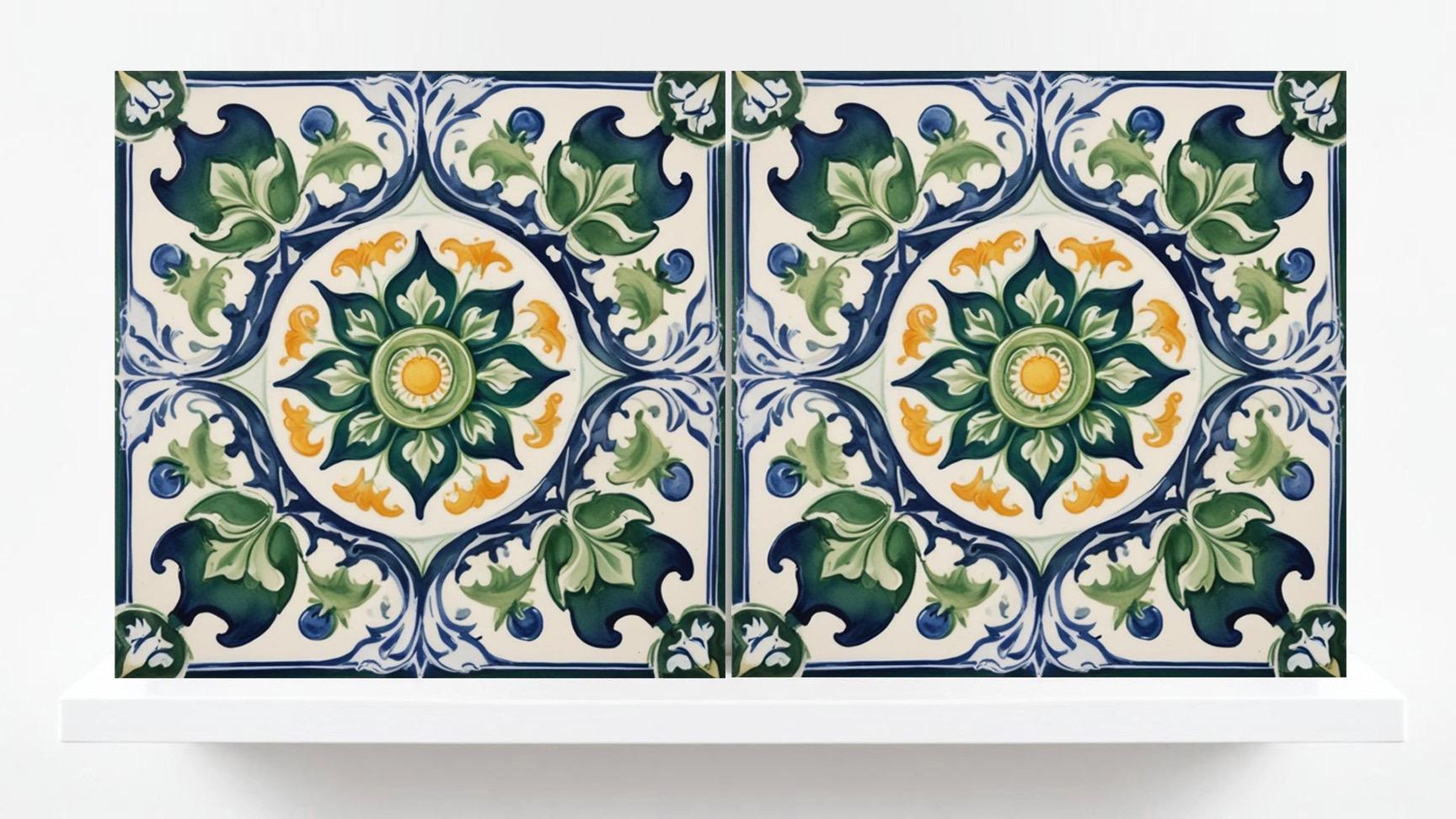 Italian Majolica Tiles Flower -Set of 2 Sicilian Wall Decor Tiles-Kitchen Backsplash Tiles, Sink Splashback,Bathroom,Shower Wall Art,Coaster
