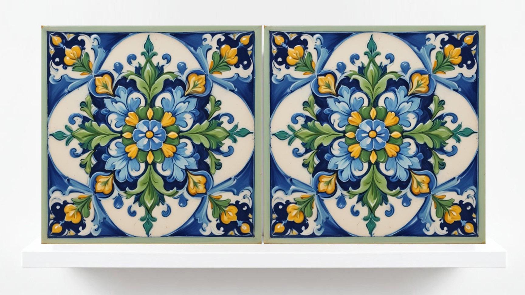 Italian Majolica Tiles - Set of 2 Sicilian Wall Decor Tiles - Kitchen Backsplash Tiles, Table Decorative Tiles, Bathroom Tiles, Coaster